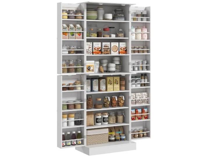 HOMCOM Küchenbuffet mit Türen, 60x35x166 cm, Weiß Moderner Vitrinenschrank mit verstellbarem Einlegeboden & Gewürzregal, für Ess-/Wohnzimmer