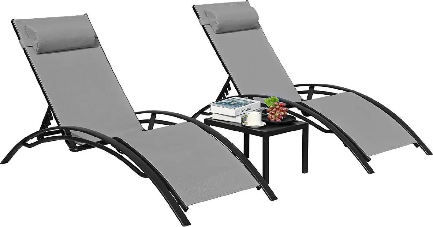 Aluminium Sonnenliegen, 3-teiliges Set mit Tisch, 5-fach verstellbar, dunkelgrau für Garten & Pool