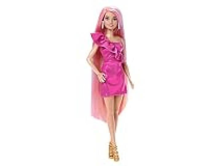 Barbie® Fun & Fancy Hair Poupée avec cheveux blonds colorés extra-longs et robe rose brillante ainsi que 10 accessoires de mode et de coiffure, JDC85