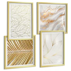 BILDER SET 4er Set - 50x50 cm & 40x60 cm Goldrahmen - Blattmuster Marmor abstrakt