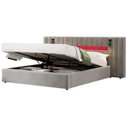 Merax Doppelbett 180x200cm, Polsterbett mit USB, LED-Beleuchtung & Stauraum, inkl. Nachttischlampe, Samt, Grau