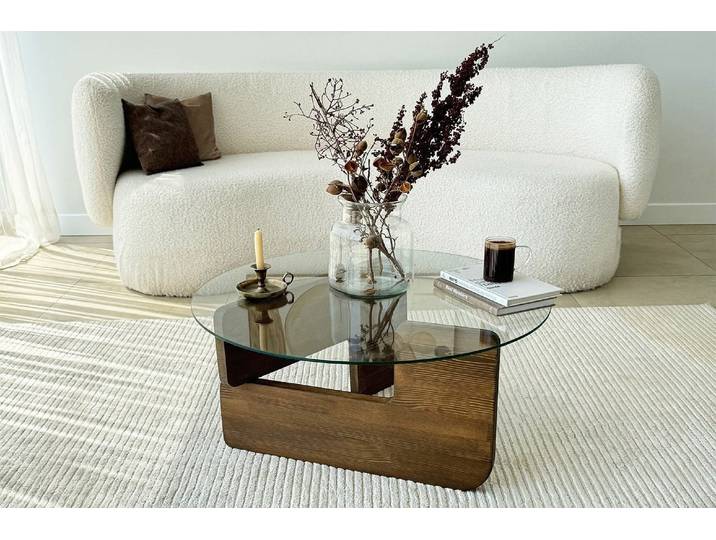 Couchtisch Palvero - mit runder Glasplatte und Kiefernholz - Walnuss - Luxusbetten24