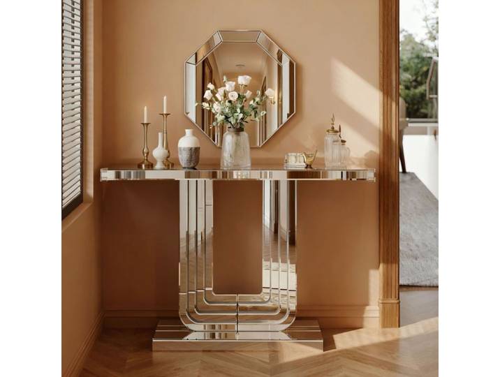 ROVRYN Console miroir 120 cm argentée base en U stable verre et MDF table d'entrée brillante