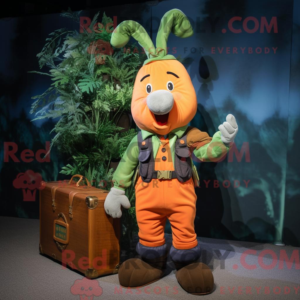 Maskottchen-Charakter REDBROKOLY einer Karotte bekleidet mit Cargohose und Aktentasche