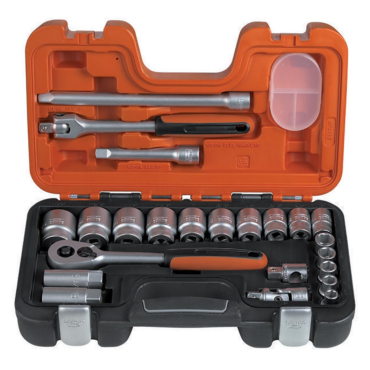 Bahco 1/2"-Steckschlüssel-Satz, zöllig, Sechskant, inklusive Umschaltknarre - 23-teilig (1 1/16", 1 1/4", 1 1/8", 1 3/16", 1", 1/2", 11/16", 13/16", 15/16", 16 mm, 21 mm, 3/4", 3/8", 5/8", 7/16", 7/8", 9/16") (S240AF)