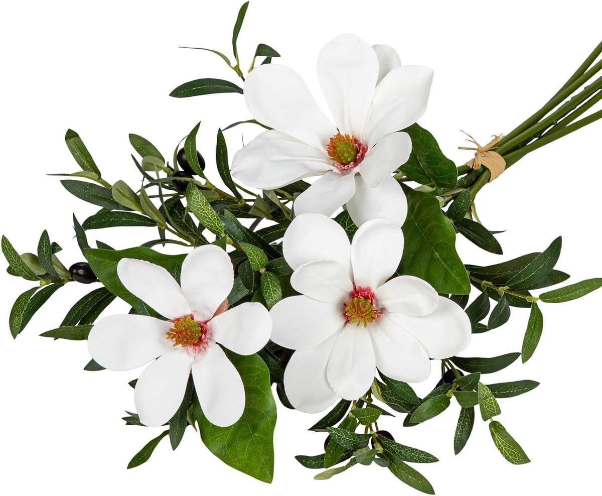 Oairse Kunstmatige Olijftakken met Magnolia Bloemen, Groen Boeket voor Decoratie, Hoogte: 68 cm