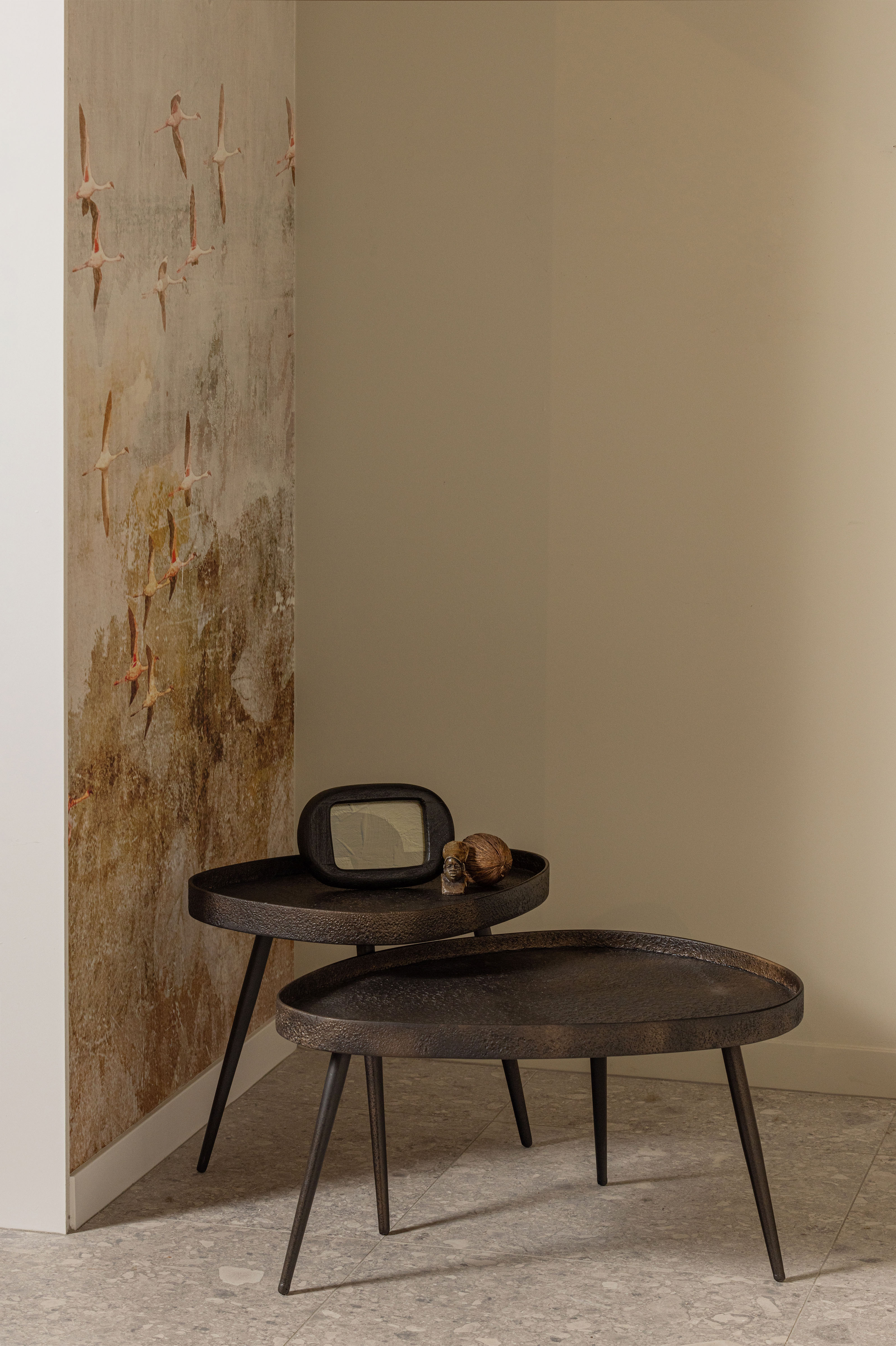 Beistelltisch WOOOD "Crude mit Multiplex-Zinkbeschichtung und Metallbeinen 71 x 52 x 39 cm", braun (antikbronze), B:71cm H:39cm T:52cm, Tische, Beistelltisch, 2er-Set, unterschiedliche Grössen im Set, Tragkraft je 15 kg antikbronze B/H/T: 71cm x 39cm x 52