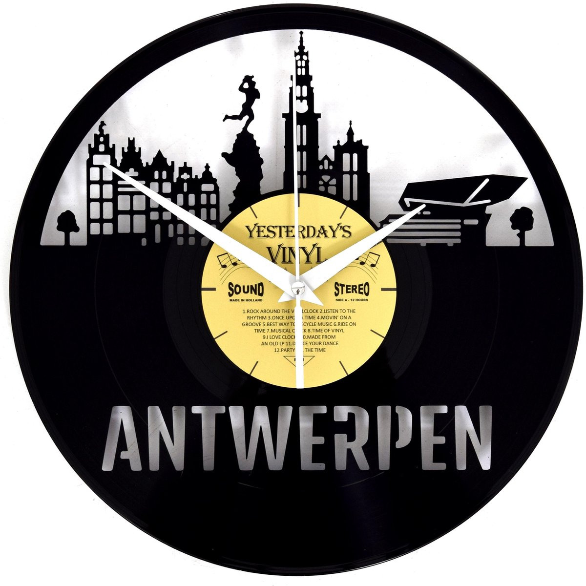 Yesterdays Vinyl Skyline Antwerpen Klok gemaakt van een vinyl langspeelplaat LP met geschenkverpakking