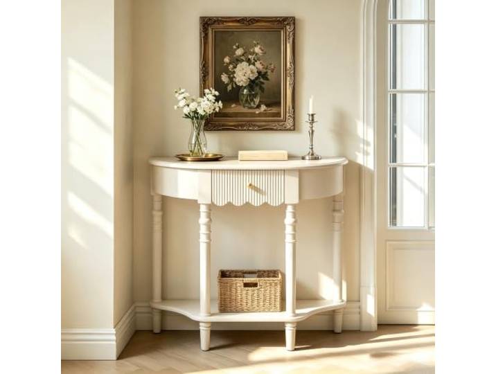 Massivholz Konsolentisch Mit Schublade, Schmaler Flurtisch Halbrund Massivholz-Konstruktion, Platzsparendes Design, Vintage-Akzente, Einfache Montage(White,35.4inW/90cm)