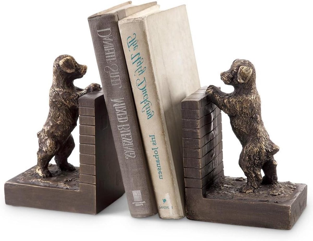 Set van 2 handgemaakte boekensteunen met puppy design in brons