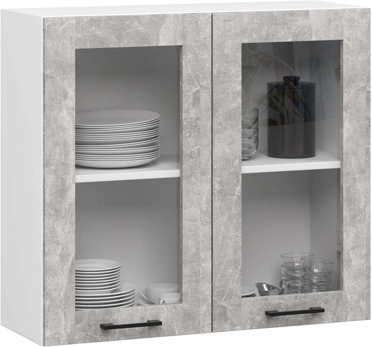 Wit beton glazen hangkast voor de keuken met twee glazen deuren, Breedte: 80 cm