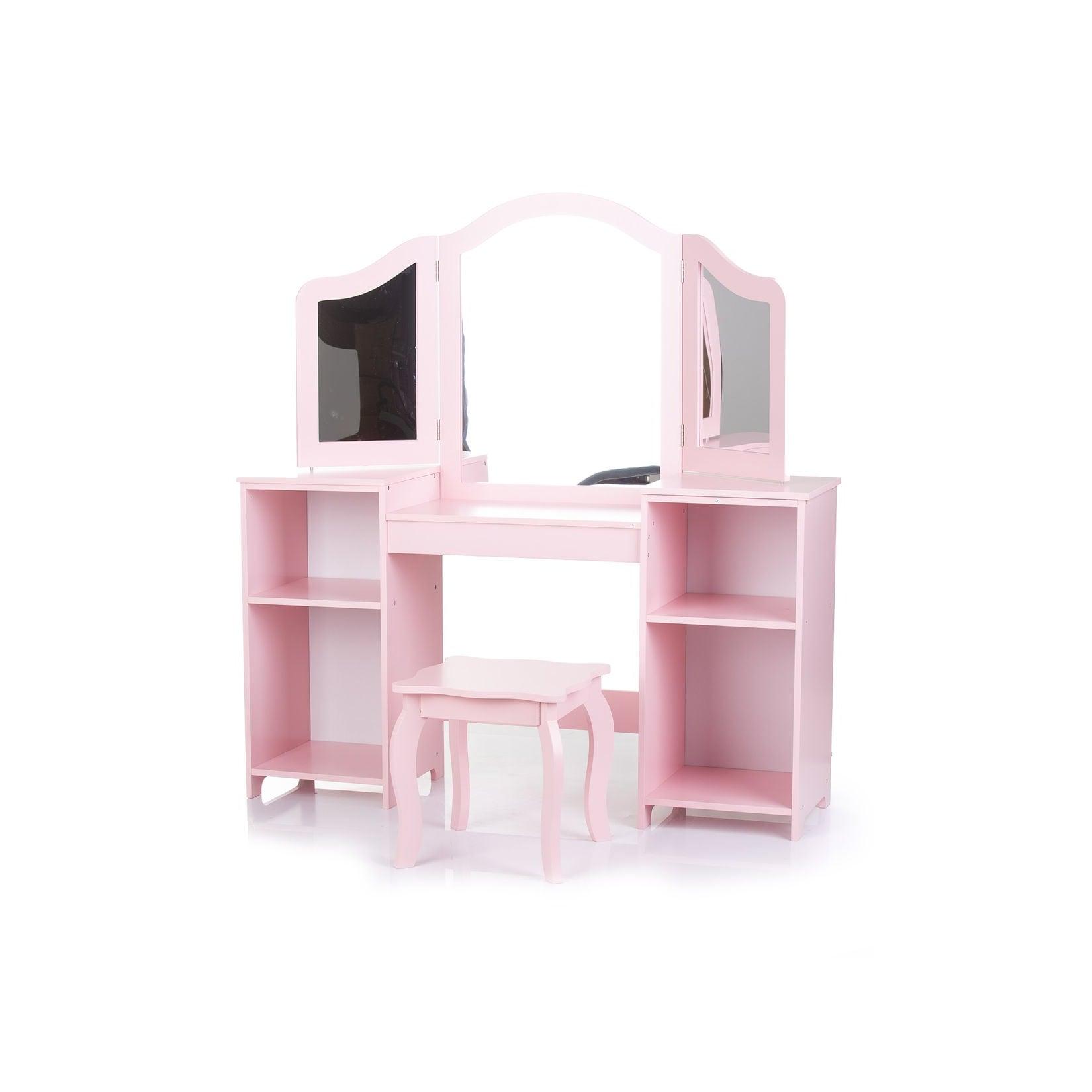 Chipolino Kinder Schminktisch Spiegel, Hocker, Holz, Stauraum, offene Regale rosa