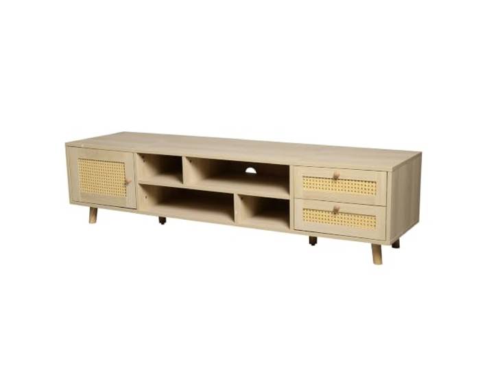 TV-Schrank 160cm Holzfarben Rattan mit Schubladen Kunststoff-Rattan, Massivholzsockel, 2 Schubladen, 2 Türen, verstellbare Füße, 30 kg Tragfähigkeit