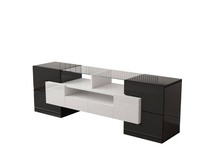 Meuble TV/meuble bas élégant blanc brillant 145 cm éclairage LED mobilier de salon design moderne élégant plateau en verre.