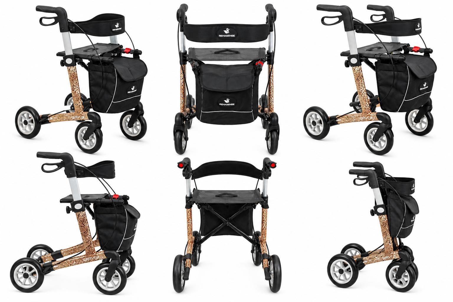 Rehasense Server Premium Leichtgewicht-Rollator Aluminium, Sitzhöhe 62 cm, Cheetah Style, Soft-Räder, inkl. Rückengurt, Tasche & Stockhalter