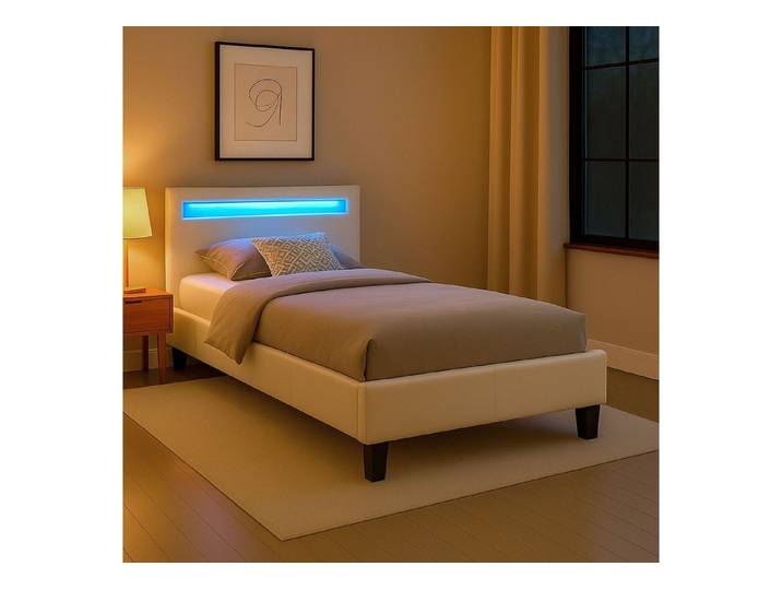 CARO-Möbel Polsterbett MANDALAY, LED Bett 90x200 cm Einzelbett mit Lattenrost und Kunstlederbezug Weiß