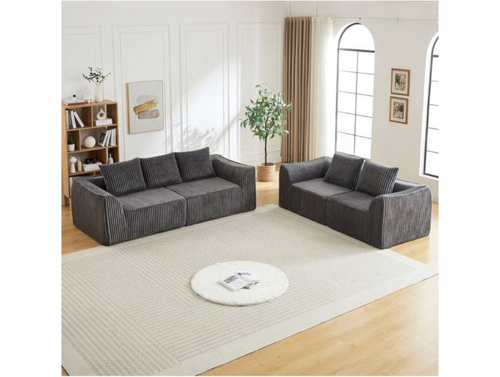 Ensemble de Canapés Modulaires 4 Places sans Montage 5 Coussins - MODENVIE - Velours Côtelé Mousse Gris