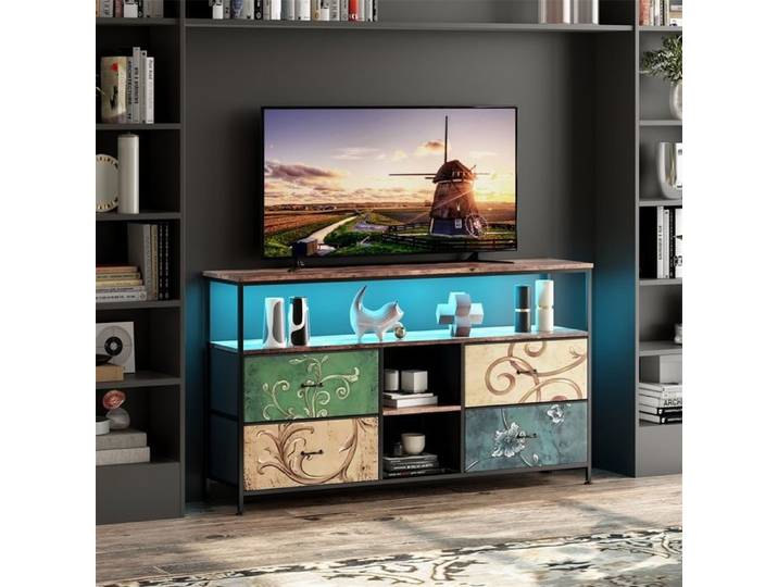 Meuble TV 108x29.8x76.8 cm - Meuble TV avec 4 Tiroirs Multicolores Étagère Ouverte & LED d'Ambiance
