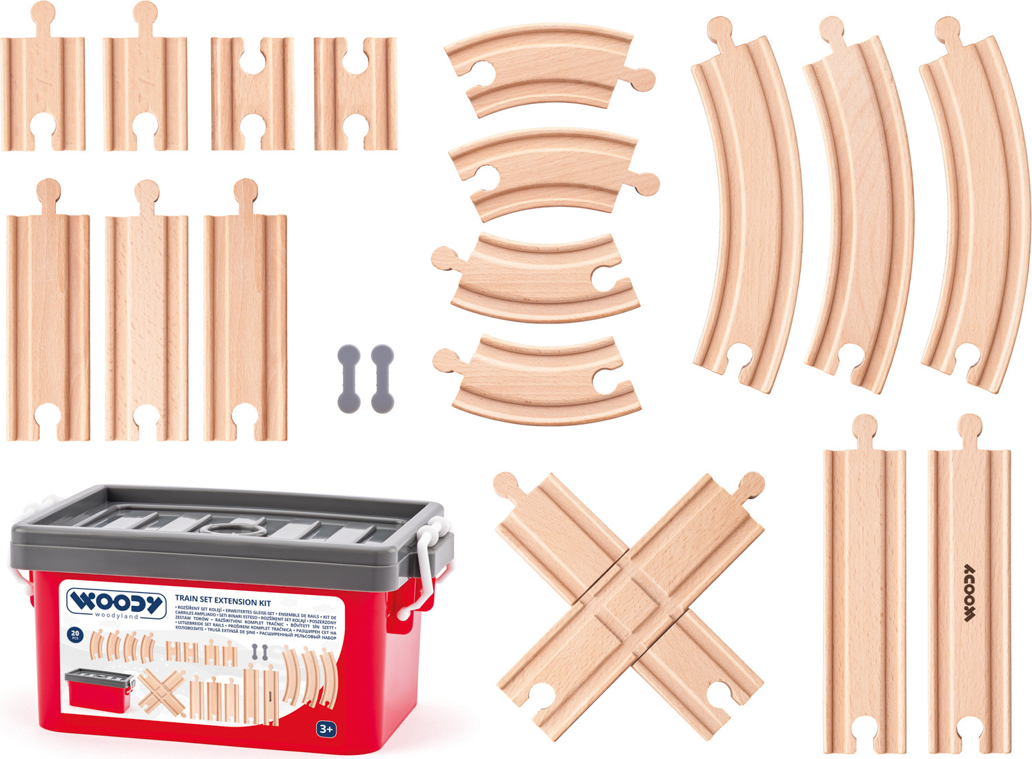 Woody Set van 20 treinrails in een plastic doos