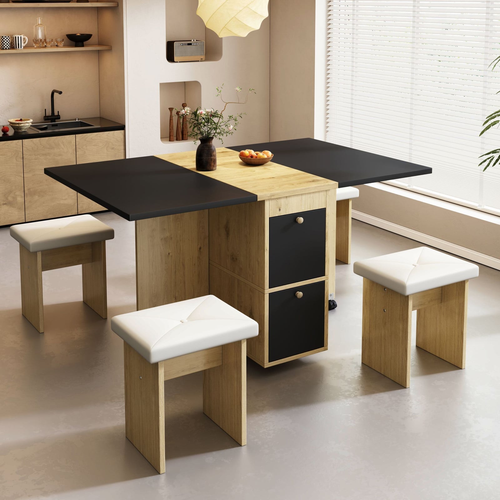 OKWISH Eetset 5-delig met uitschuifbare eettafel en 4 stoelen, Wit/Eikenhout/Zwart