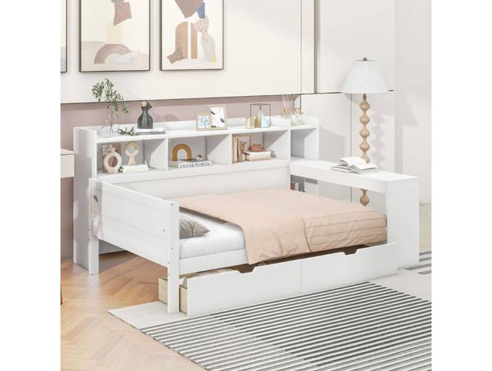 Lit banquette blanc avec bureau rangements 2 tiroirs USB et prise