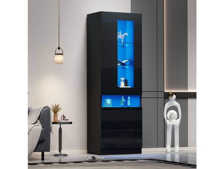 Vitrine LED EVRYAE 50 x 40 x 180 cm noire meuble vitrine de salon avec 2 étagères en verre et rangement