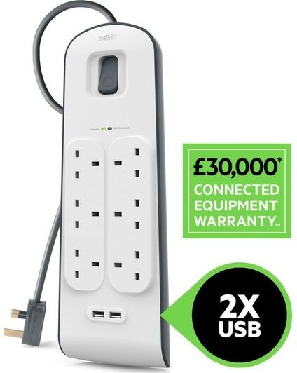Belkin BSV604 Surge Protected 6-Way Extension Lead with 2 USB Ports - 2 m