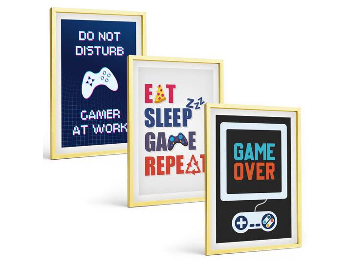 Tulup Bilder SET 3er Set - 40x60 cm Goldrahmen - Untertitel für die Spieleunterhaltung, Goldfarben, Kunststoff, Rechteckig, 40x60 cm, einfache und schnelle Anbringung, Bilder & Rahmen, Bilder