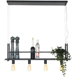 Pendelleuchte Hängelampe Esszimmerleuchte, 4-flammig, Pendellampe mit Ablage, Höhe anpassbar, Metall, schwarz, 4x E27 Fassung, LxBxH 100x20x140 cm