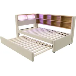 MODFU Schlafsofa Flanell Beige 90x200 cm mit Ausziehbett 90x190 cm, LED, USB-C und Stauraum