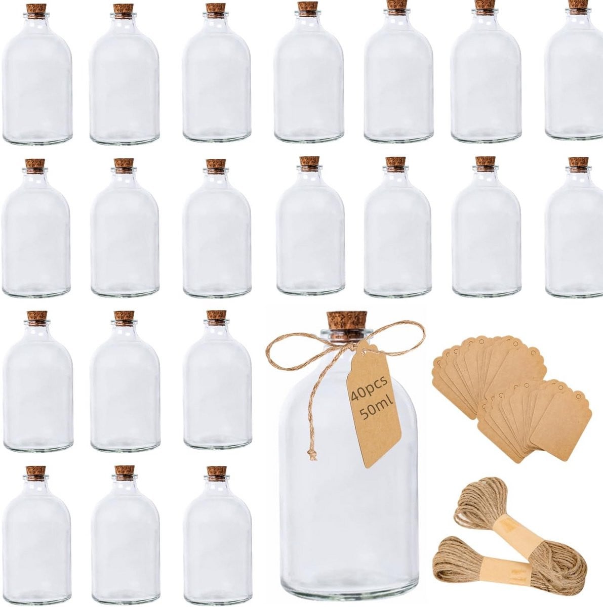 Set van 40 mini glazen flesjes met kurk van 50ml voor knutselen en decoratie