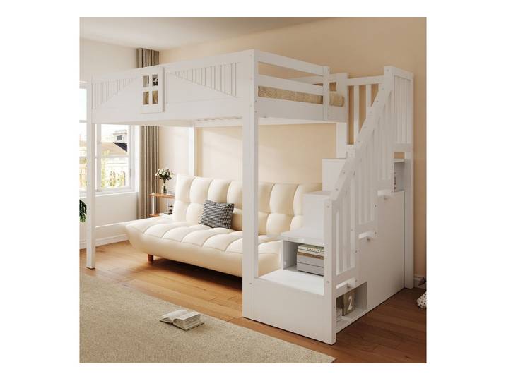 Flieks Hochbett Kinderbett 140x200cm mit Stauraumtreppe (Links & Rechts Austauschbar)