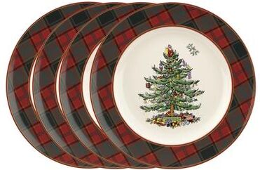 Spode Set of 4 Christmas Tree Tartan Plates