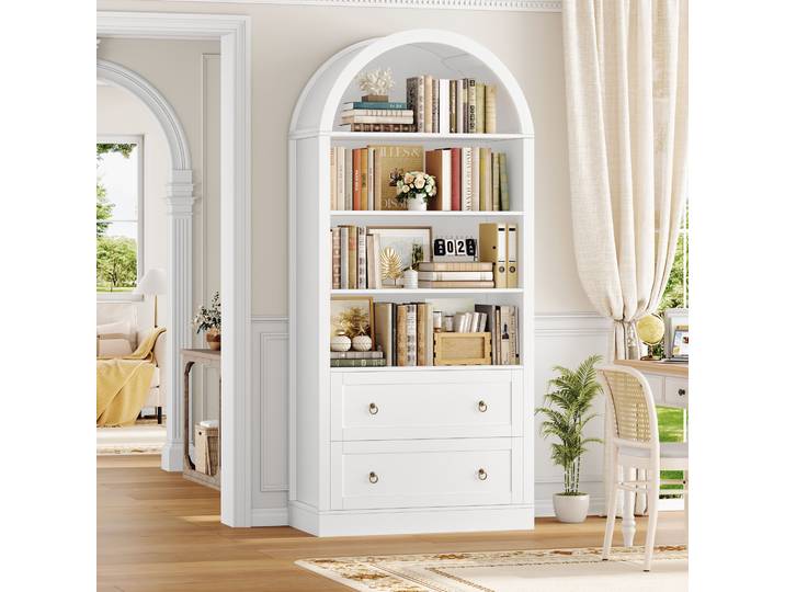 Getone Bibliotheque Livre en Forme d'arc Bibliotheque avec 2 Tiroirs 4 Etagère Bibliothèque Meuble de Rangment pour Salon Bureau Cuisine 177x79,5x36cm