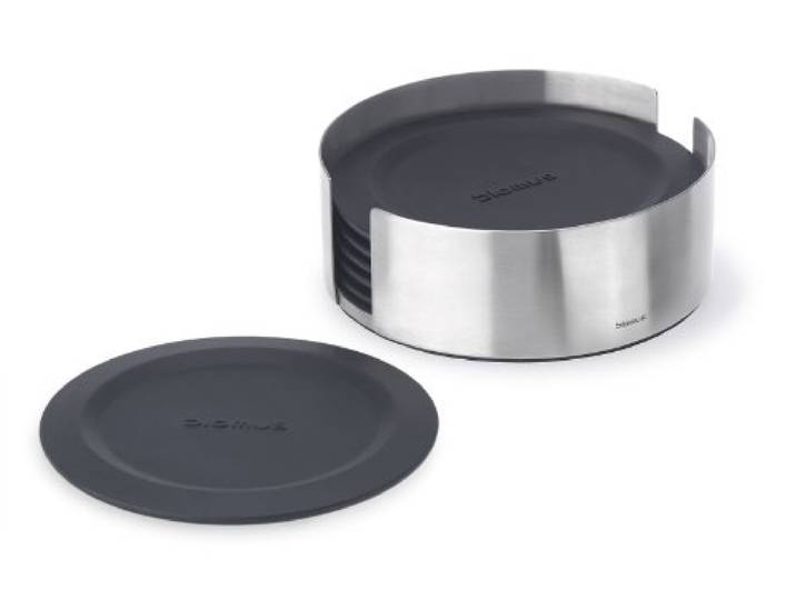 blomus -LARETO- Set 6 Untersetzer aus Silikon, Behälter aus Edelstahl, extrem rutschfest, verhindert Kratzer, , (HBT: 4 x 11,2 x 11,2 cm, schwarz, 63476)