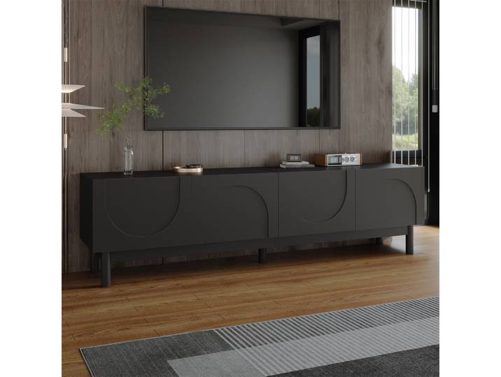 Meuble TV moderne, meuble TV avec portes incurvées et ondulées, étagères et supports TV avec pieds stabilisateurs, pour le salon