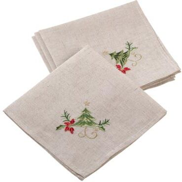 Saro Lifestyle Embroidered Christmas Tree Design Holiday Linen Blend Napkin Set