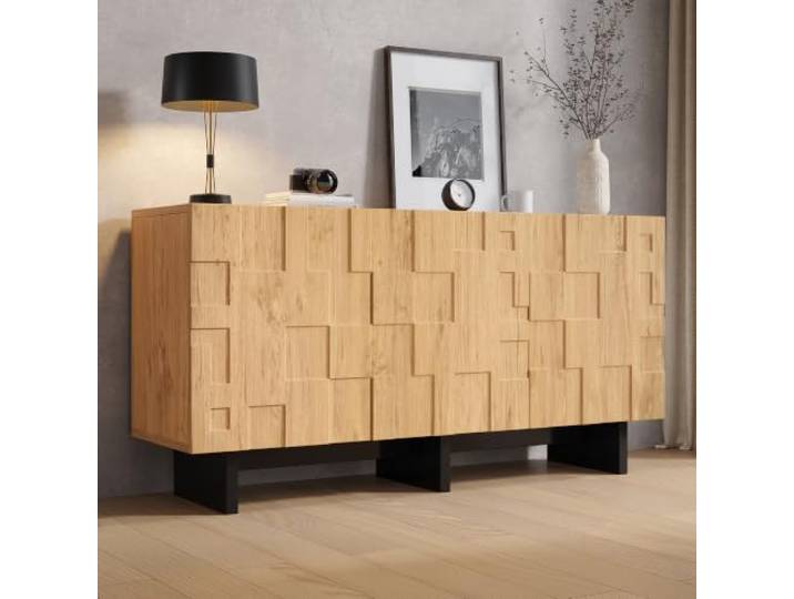 Merax Home Sideboard 140cm, Wohnzimmer Kommode mit 3 Türen, Stabilen Beine, Landhausstil Küchenschrank Buffetschrank, Waffelgitter-Schranktüren, für Wohnzimmer, Esszimmer, Schlafzimmer, Naturholzfarbe