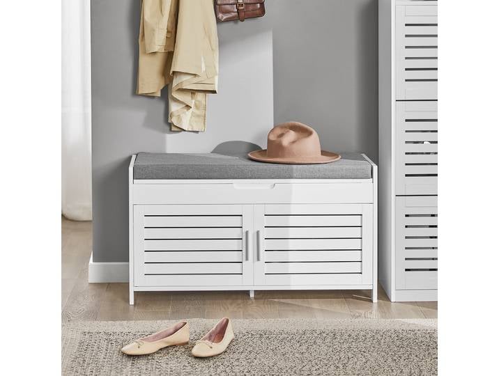 SoBuy FSR102-W banc assise avec 2 portes banc à chaussures avec armoire de rangement banc coffre à chaussures banc de planche