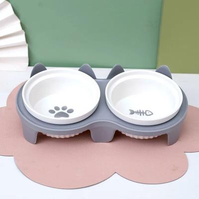 Uplift Picks Elevated Ceramic Double Pet Bowl For Cats And Small Dogs gray