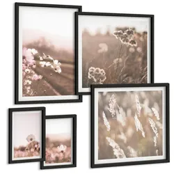 BILDER SET 5er Set - 50x50 cm & 20x30 cm & 40x60 cm Schwarzer Rahmen - Wildblumen auf den Wiesen im Sommer