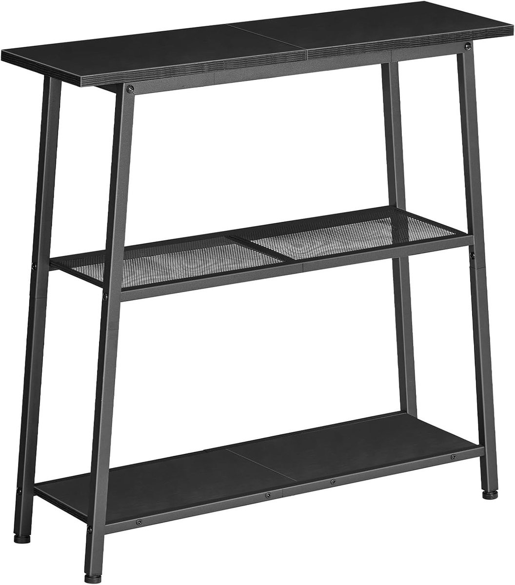 Drie-laagse console tafel voor smalle gangen met open planken, zwart design