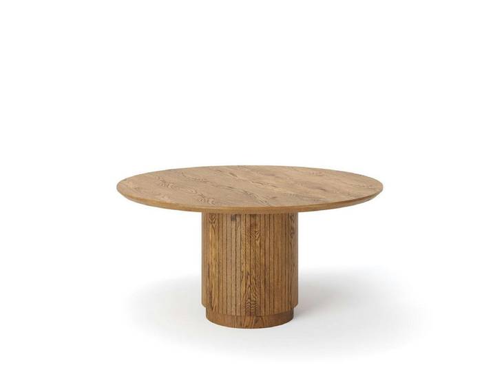 Rellgo Esstisch Eiche rund – Massivholz-Tisch Ando mit Trommelgestell – Handgefertigt, 100 % Wildeiche, Schweizer Kante, Baumstamm-Trommelgestell