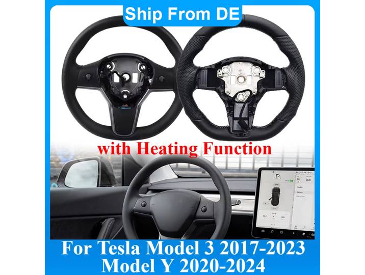 Volant chauffant en cuir pour Tesla Model 3 2017-2023 Model Y 2020-2024 Volant de voiture entièrement en cuir avec fonction de chauffage