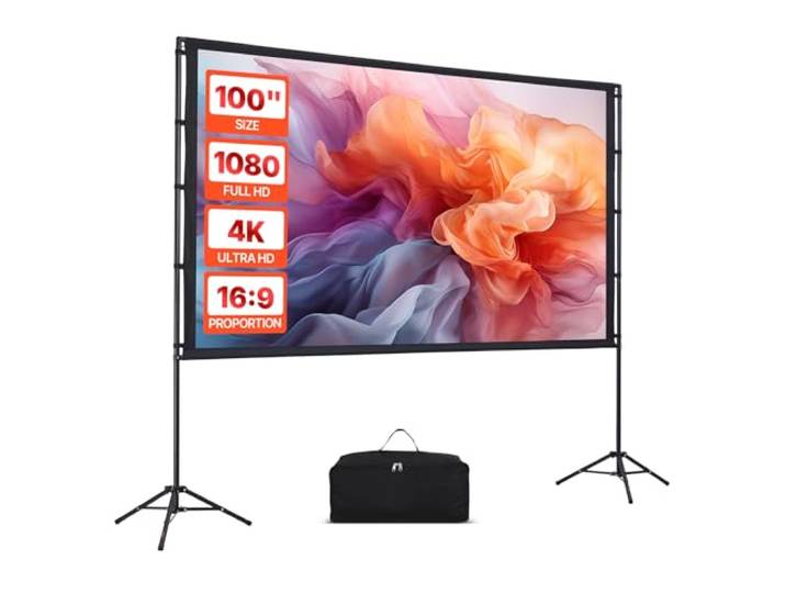 VEVOR Écran de Projection de 254 cm avec 2 Trépieds\, Toile de Projection Portable et Infroissable\, Grand Angle de Vision 160°\, 16:9 4K HD\, avec Sac de Transport\, pour Vidéoprojecteurs Cinéma Maison