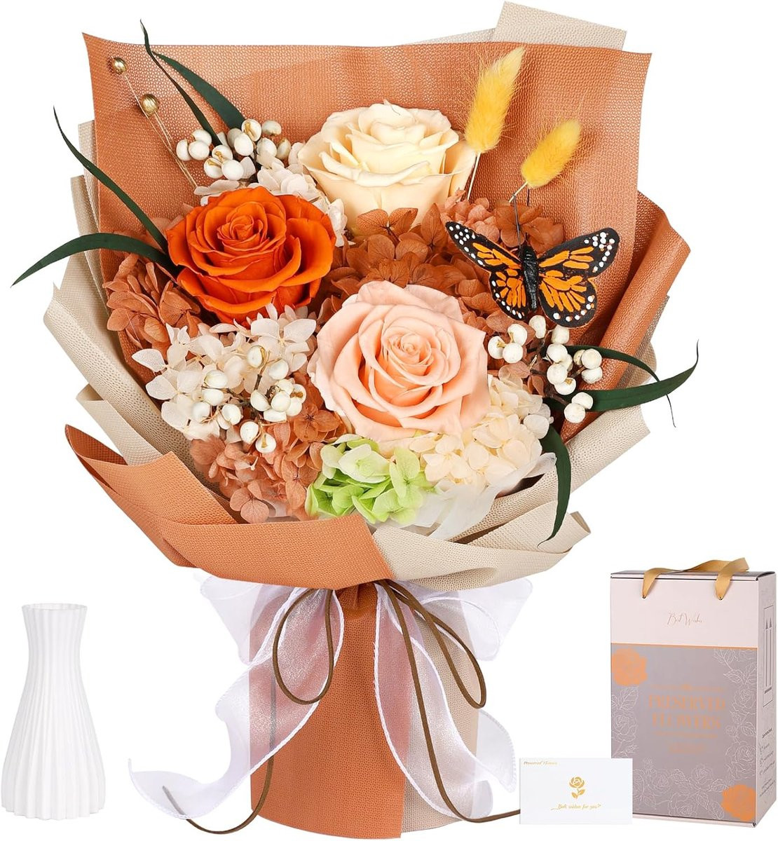 Geconserveerd boeket met echte oranje rozen, 36 cm hoog