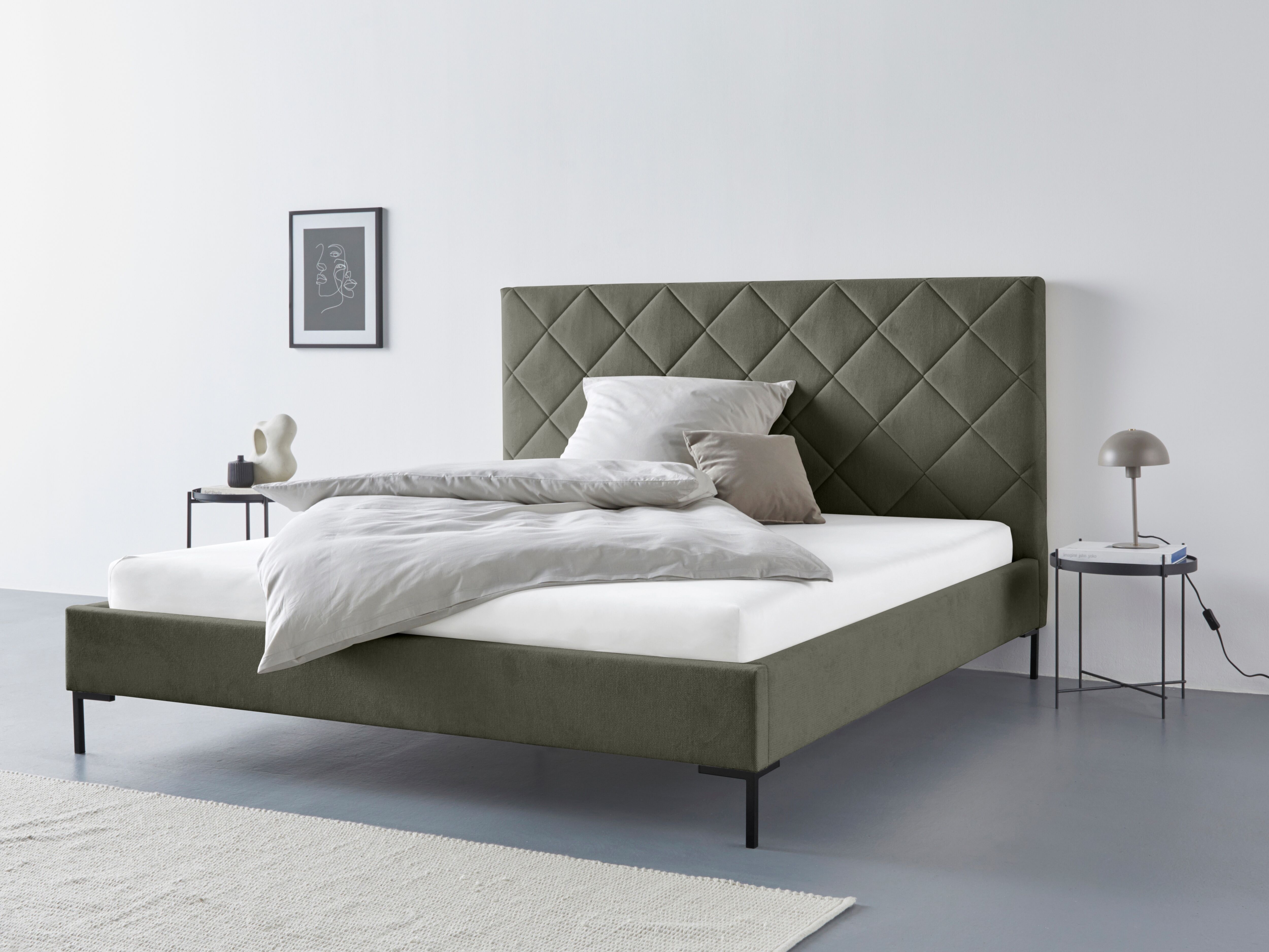 Home affaire "Charlott" Modernes Polsterbett mit oder ohne Lattenrost grün Länge B: 215cm x 194cm, Strukturstoff Lattenrost, Höhe Bett: 124cm
