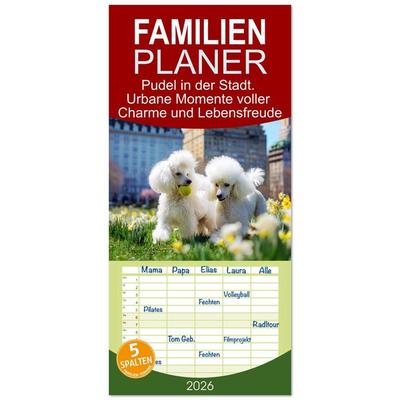 Familienplaner 2026 - Pudel in der Stadt. Urbane Momente voller Charme und Lebensfreude mit 5 Spalten (Wandkalender, 21 x 45 cm) CALVENDO