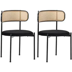 STILVORA Esszimmerstühle 2er-Set Samt Schwarz mit Rattan-Rückenlehne, Metallbeinen