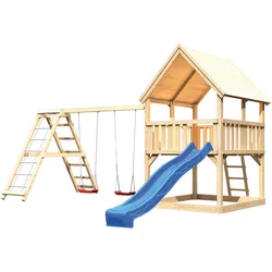 Akubi Kinderspielturm Luis inkl. Wellenrutsche und Doppelschaukelanbau mit Klettergerüst (Set C)-blau